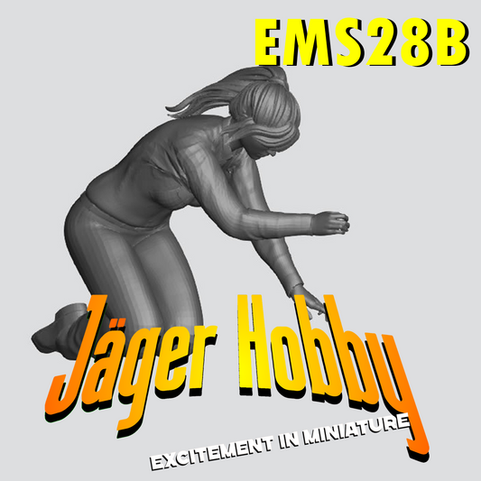 EMS28B – Scale Model Figure: Female Paramedic Kneeling, Performing CPR with Resuscitation Bag