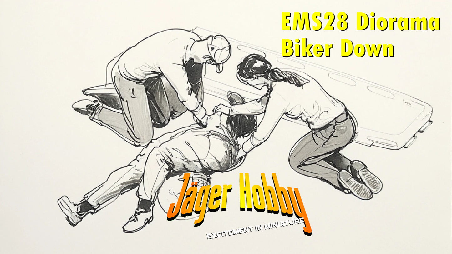 EMS28C – Scale Model Figure: Injured Motorcyclist Casualty Lying Down with Helmet and Resuscitation Bag