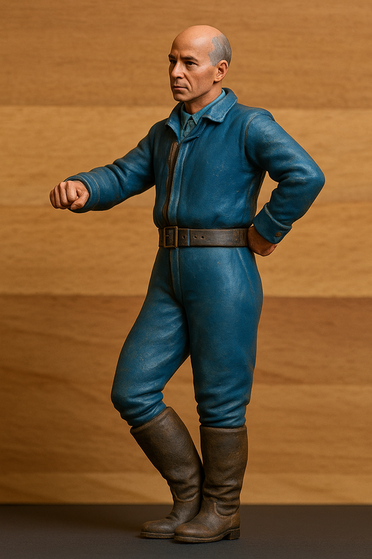 M26 Edwardian man resting on ship’s rail in riding boots. Perfect for RC ships, dockside dioramas, and period railway layouts.