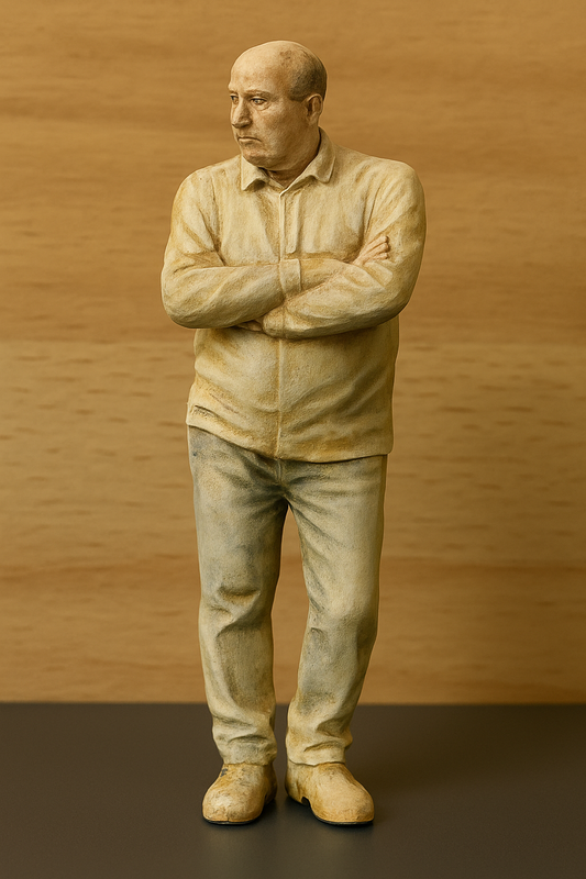 model ship figure depicts a 65-year-old man with a slightly overweight physique, highlighted by a noticeable beer belly