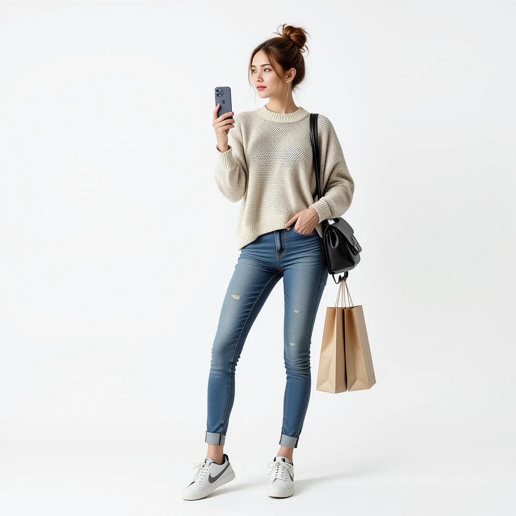 W2 Unpainted Tamiya Model Figure – Casual Woman with Shopping Bag and Smartphone