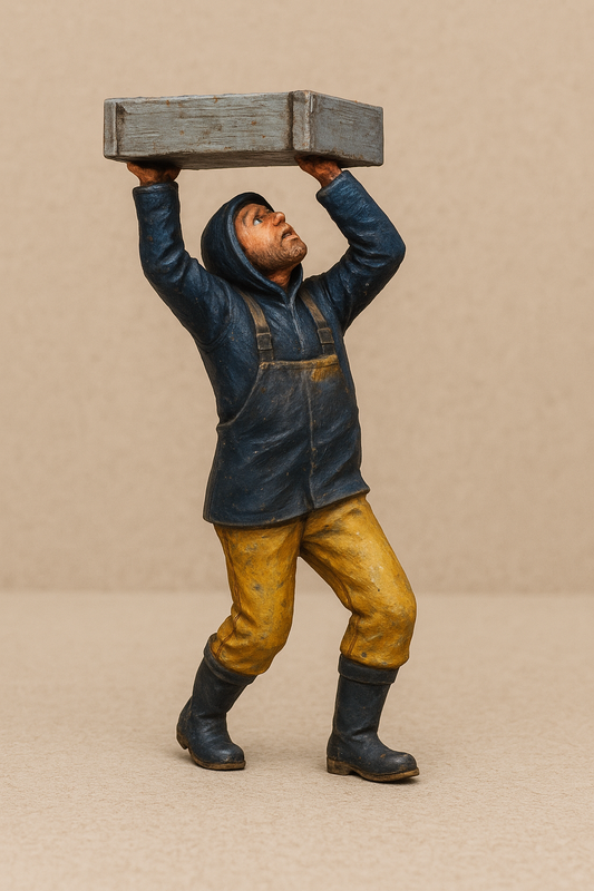 Person wearing a blue jacket and yellow pants lifting a wooden box above their head against a beige background