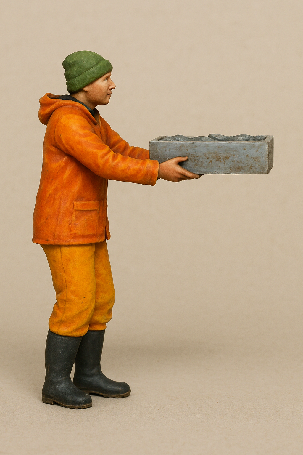 Person wearing an orange jacket, green beanie, and yellow pants holding a concrete block against a beige background