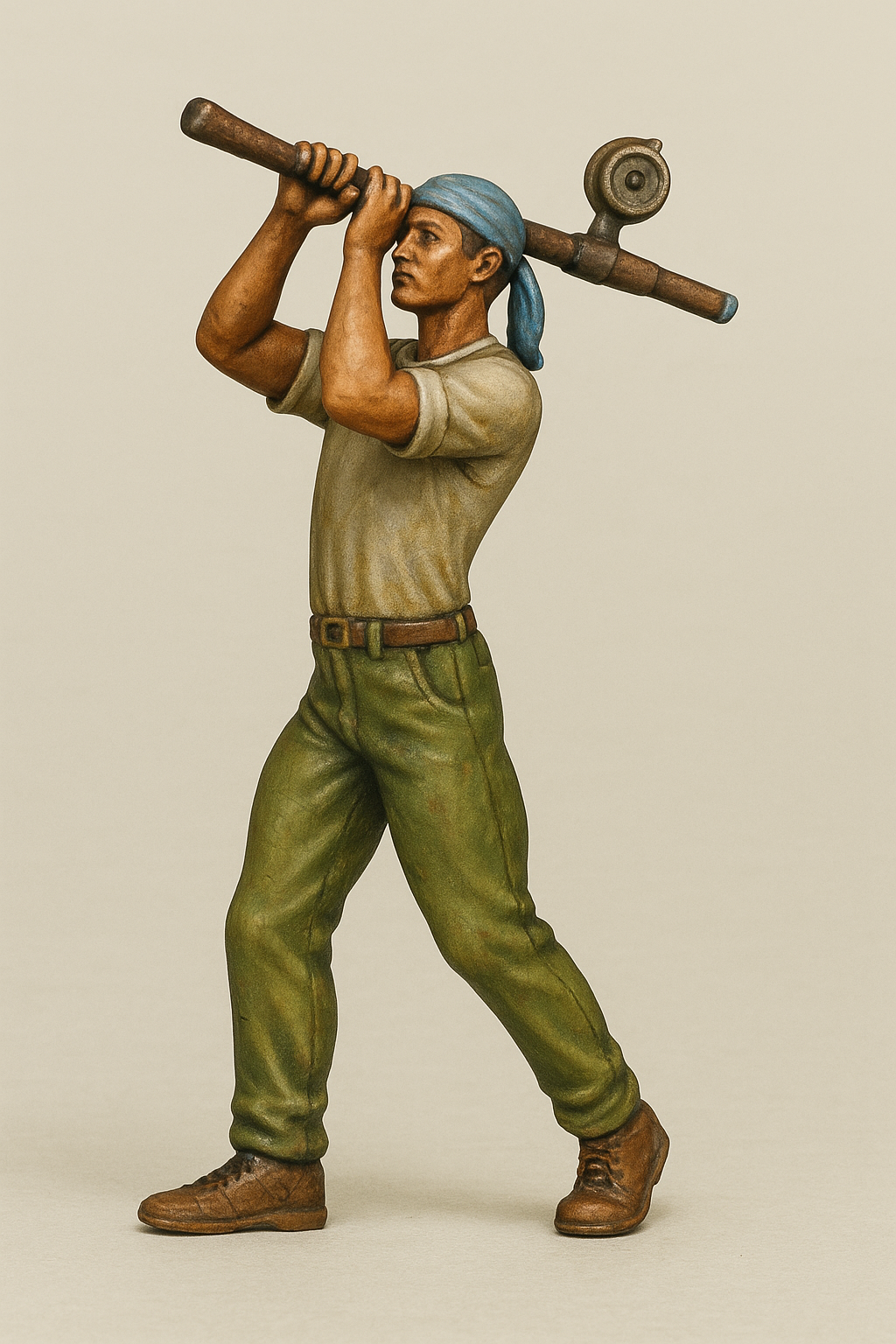 Statue of a man holding a tool against a beige background
