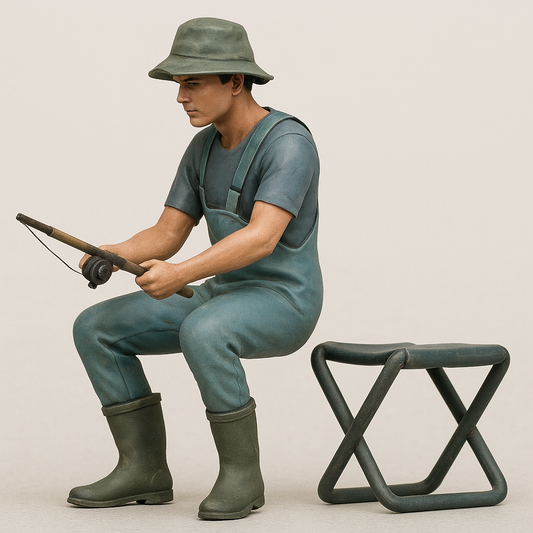 scale model crew figure Man in green overalls and hat sitting on a modern stool, holding a fishing rod.