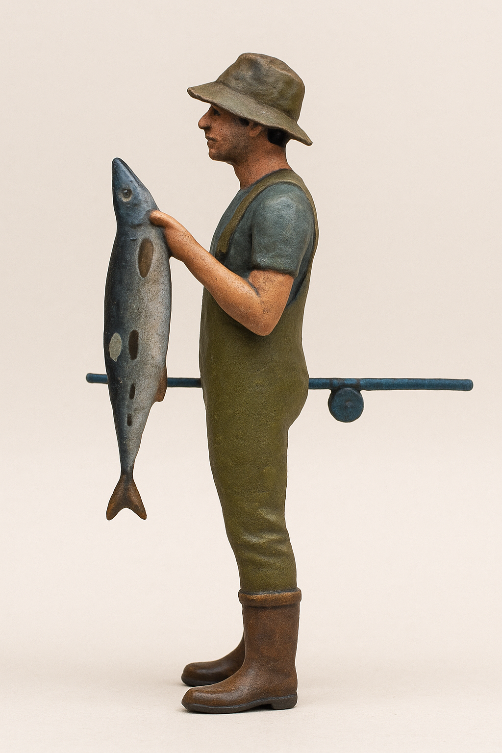 Fisherman Holding Rod and Fish Scale Model Figure