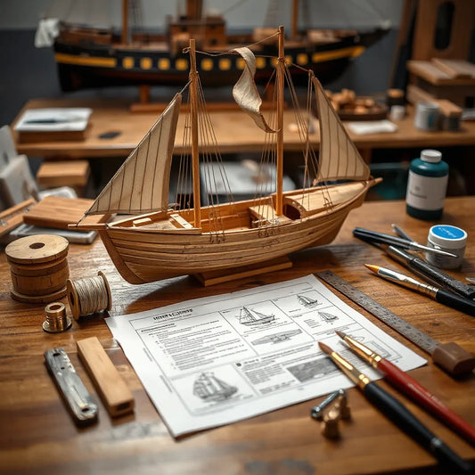 Model ship kit parts on a workbench, including a partially built wooden hull and rigging materials