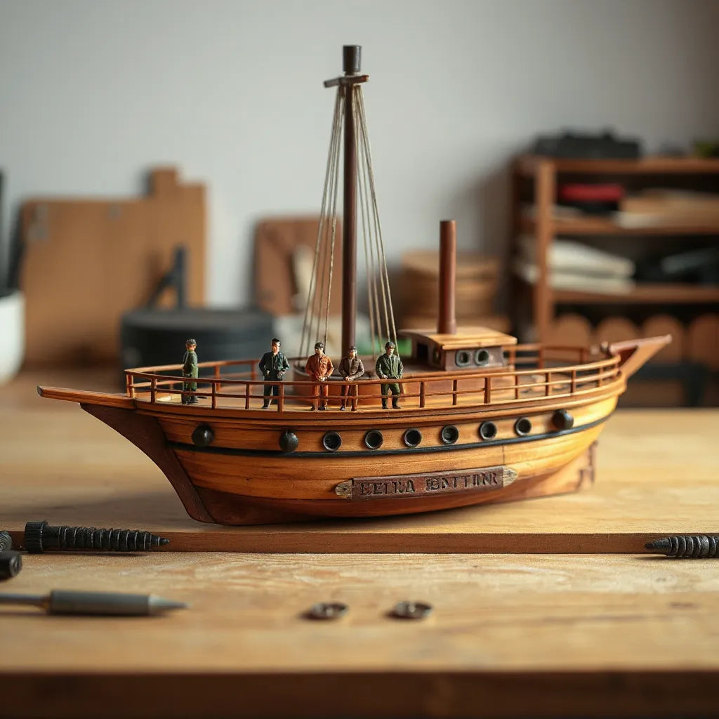 Scale model ship deck with lifelike crew figures posed naturally in a diorama