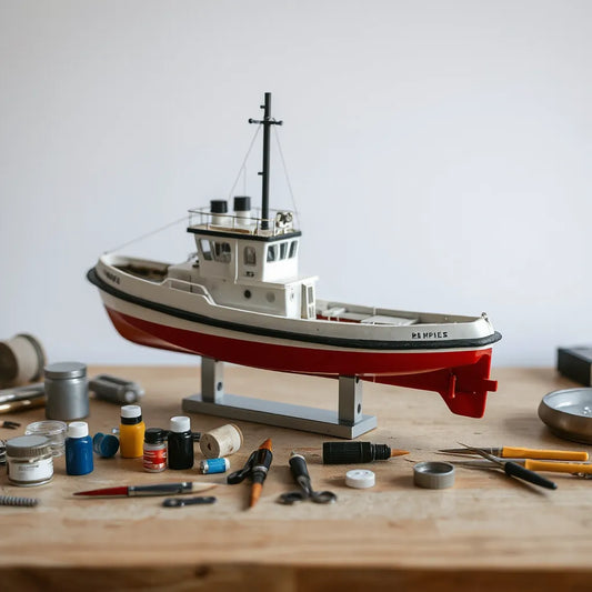 Empire tug model being assembled on a workbench with small tools and parts