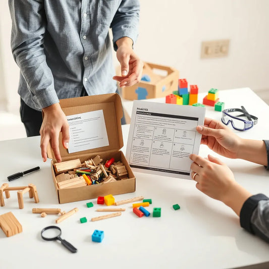 Hands assembling an educational model kit on a clean workbench with parts and tools nearby