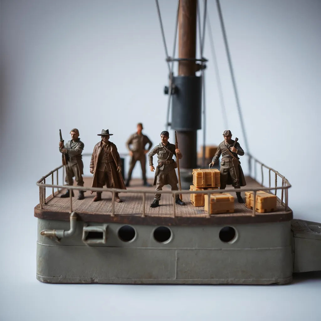 Detailed model figures posed on a ship deck diorama with railings and small accessories