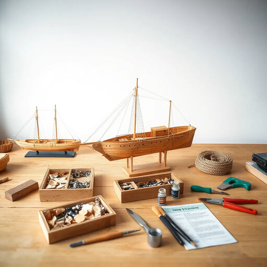 Wood ship model on a workbench with sorted kit parts, tools, and a ready-to-assemble hull