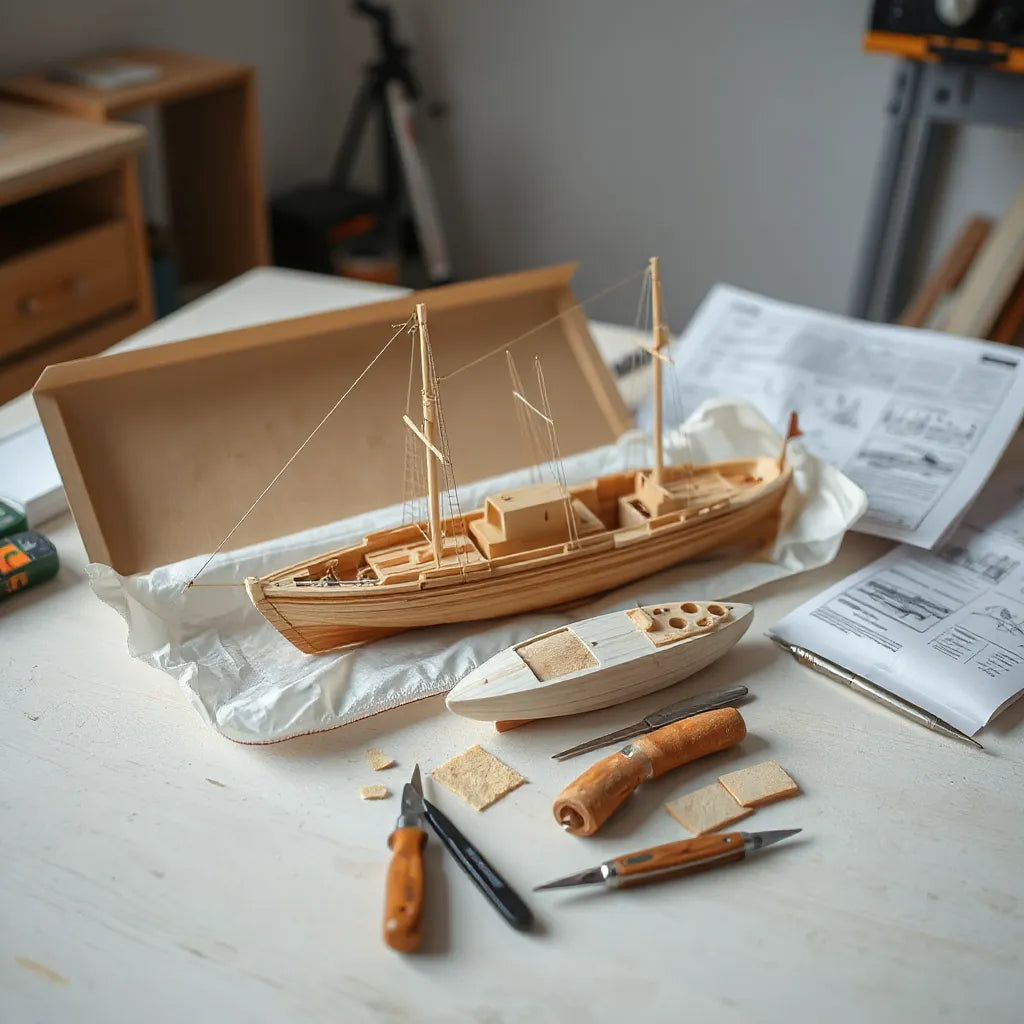 Beginner model ship kit parts laid out on a workbench with basic model tools nearby