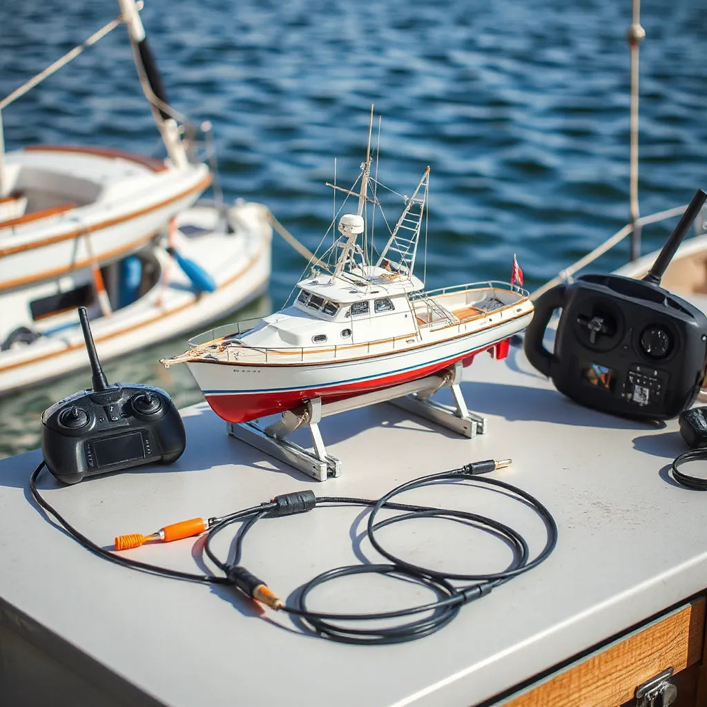 Radio-controlled ship model on a workbench with transmitter and visible propeller and rudder