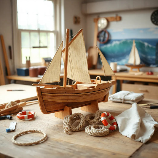 Partially assembled sailboat nautical model kit on a clean workbench with ropes and lifebuoy details
