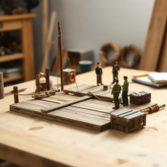 Scale crew figures posed on a dock next to a model boat with mooring ropes and small details.