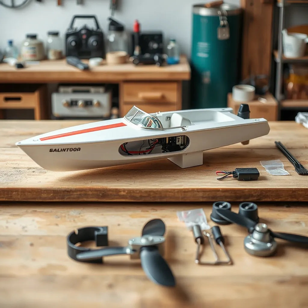 Radio controlled model boat hull with exposed steering linkage, waterproof connectors, and drive hardware on a workbench