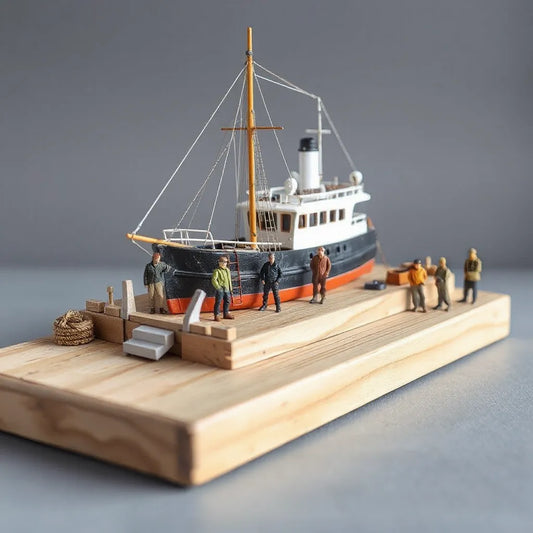 Scale crew figures posed on a model boat deck and dock in a realistic harbor diorama