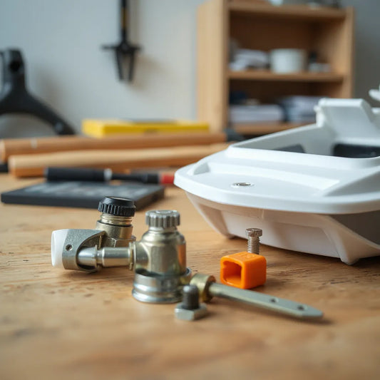Marine-grade RC rudder and propeller fittings on a clean workbench with a miniature boat hull
