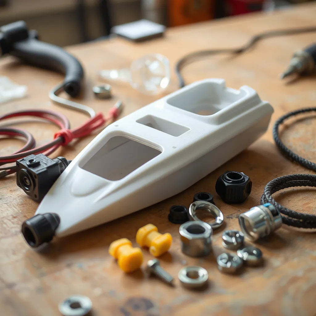 RC boat hull section with waterproof cable fittings, connectors, and mounting hardware on a workbench