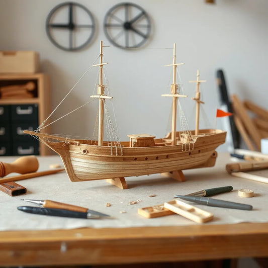 Partially assembled advanced model ship kit with rigging and detailing on a clean workbench
