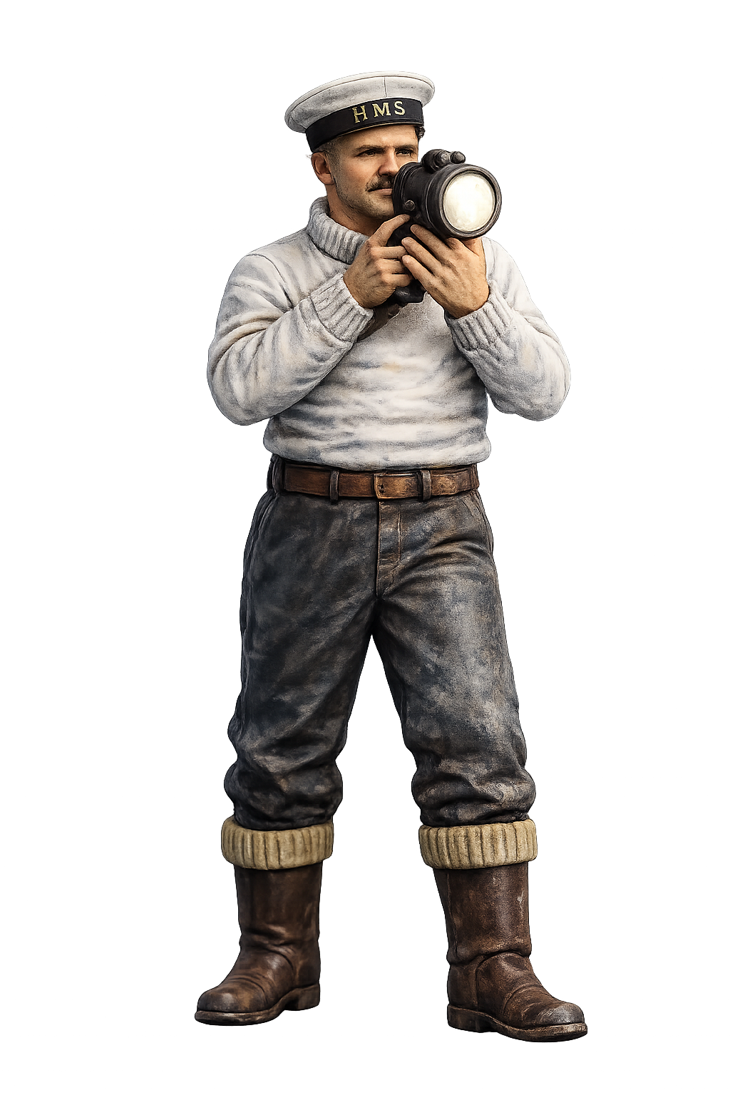 N16 WWII Naval Crew Figure – Sweater and Naval Ratings Cap, Signaling with Hand-Held Lamp – Unpainted Multi-Scale