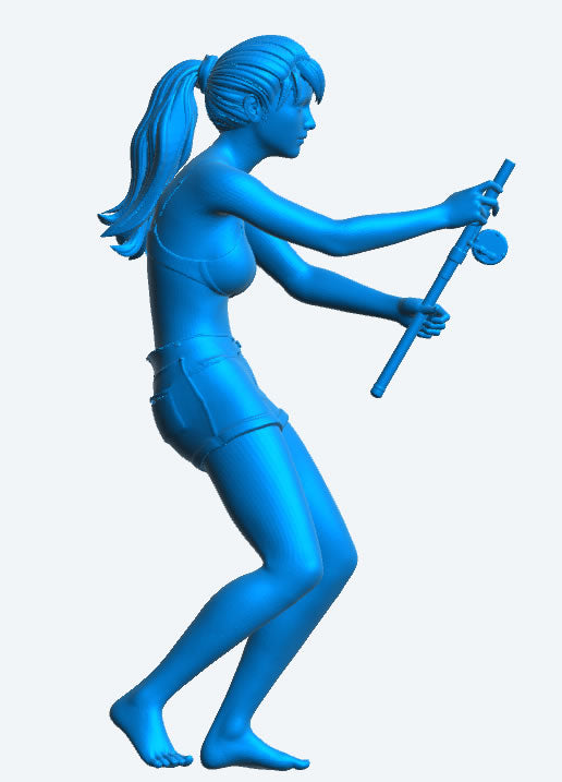 TG70 Scale Model Sport Fishing Woman – Bikini Top, Denim Shorts, Ponytail, Reeling in a Catch
