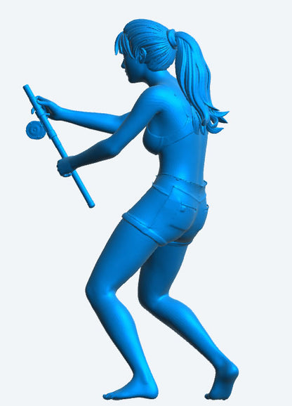 TG70 Scale Model Sport Fishing Woman – Bikini Top, Denim Shorts, Ponytail, Reeling in a Catch