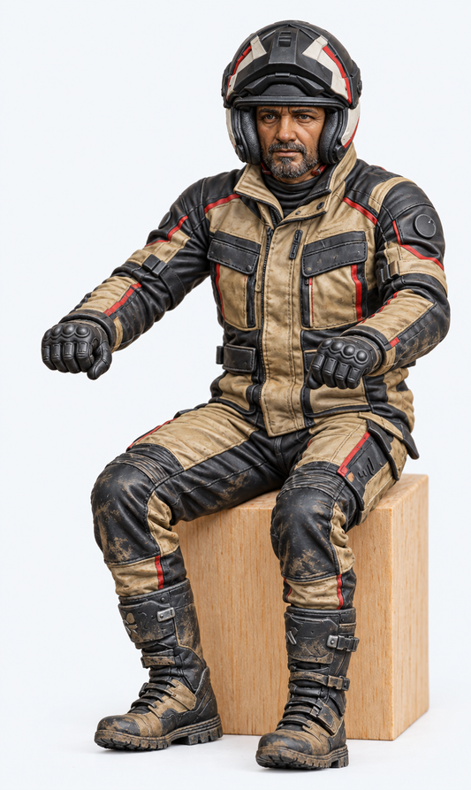 B6 Seated BMW Adventure Motorcycle Rider Figure | Unpainted Multi-Scale Model Figure
