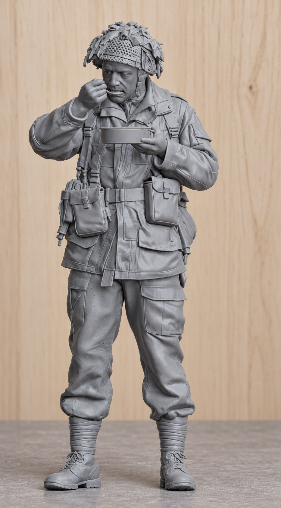 SM1 British Paratrooper 1944 Eating from Mess Tin – Unpainted, Multi-Scale 1/96 to 1/8 | Jager Hobby