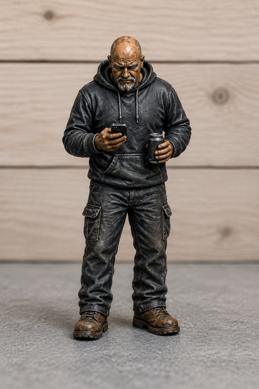 M123 Older Workman Using Mobile Phone with Coffee – Multi Scale Unpainted Resin Figure