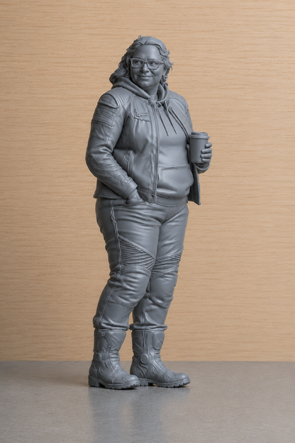B8 Scale Model Female Biker with Coffee Figure | Unpainted Multi-Scale Motorcycle