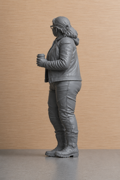 B8 Scale Model Female Biker with Coffee Figure | Unpainted Multi-Scale Motorcycle