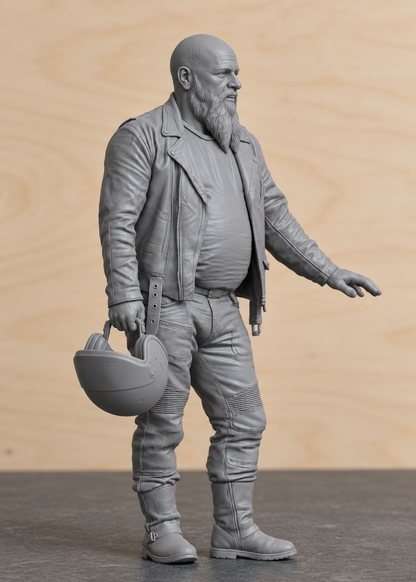 B15 Bearded Biker Holding Helmet | Unpainted 1:9 & 1:12 Multi Scale Motorcycle Diorama Figure