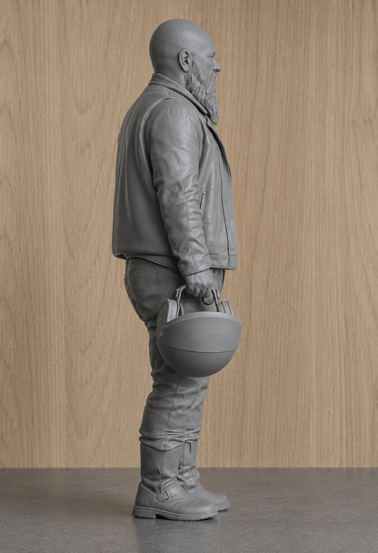 B15 Bearded Biker Holding Helmet | Unpainted 1:9 & 1:12 Multi Scale Motorcycle Diorama Figure