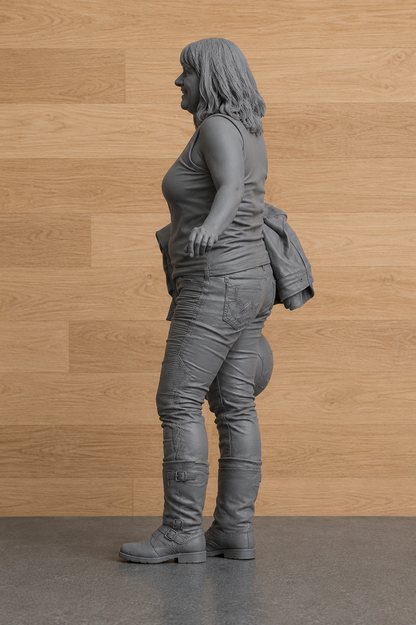 B18 Meng 1:9  Female Biker Carrying Helmet & Jacket | Unpainted Model Figure