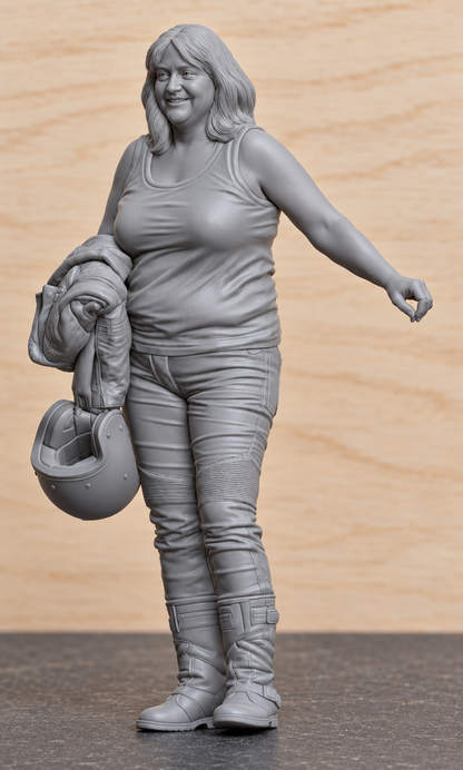 B18 Meng 1:9  Female Biker Carrying Helmet & Jacket | Unpainted Model Figure