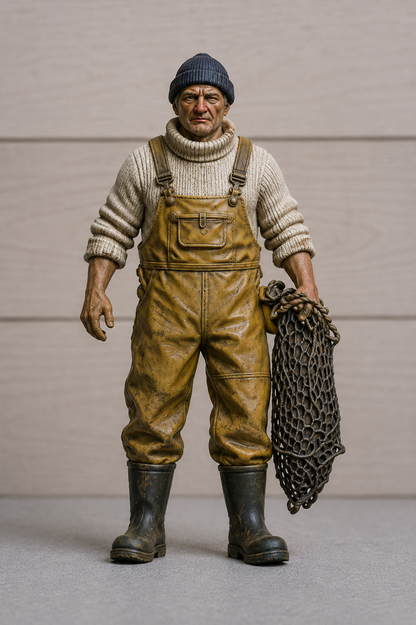 TG128 Fishing Boat Crew Figure Holding Net – Scale Model Unpainted