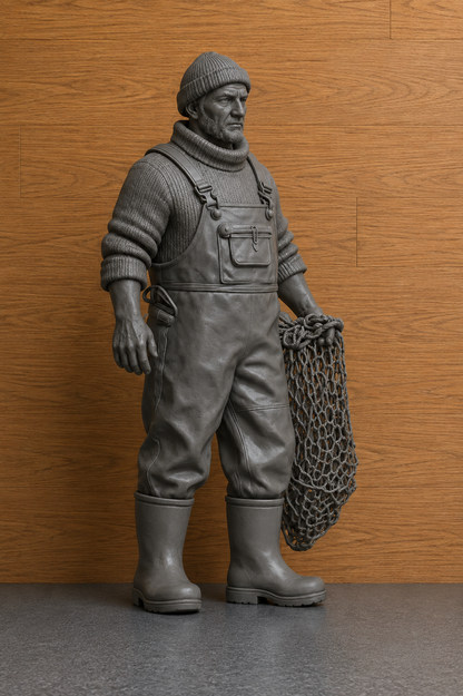 TG128 Fishing Boat Crew Figure Holding Net – Scale Model Unpainted