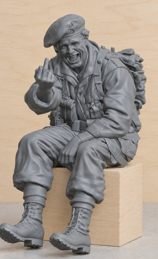 SM2 British Para 1944 Seated Laughing Figure – Unpainted, Multi-Scale 1/96 to 1/8 | Jager Hobby