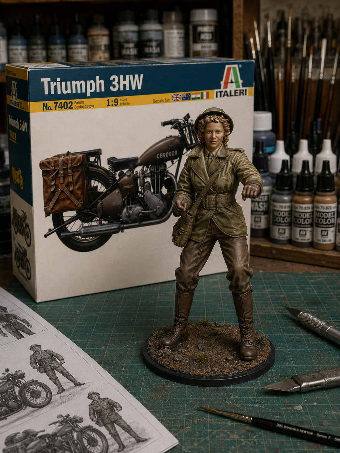 B31 Female Dispatch Rider Figure | Unpainted 1:9 Scale for Italeri Triumph 3HW Displays