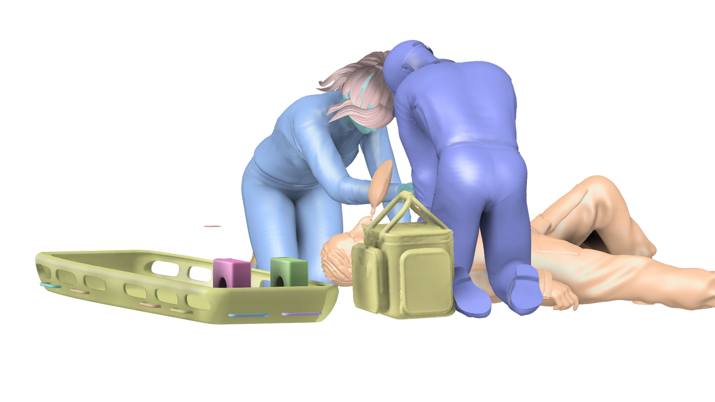 EMS28B – Scale Model Figure: Female Paramedic Kneeling, Performing CPR with Resuscitation Bag