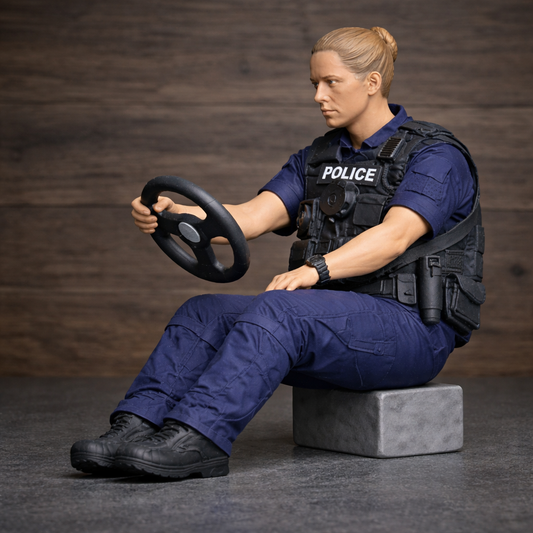 C17 Female Police Officer Driver Figure – Tactical Gear with Steering Wheel Unpainted