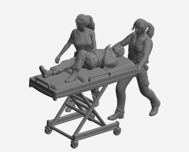 EMS33 – Scale Model Figure: Female Paramedic with Backpack Pushing Stretcher