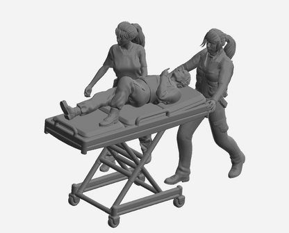 EMS33 – Scale Model Figure: Female Paramedic with Backpack Pushing Stretcher