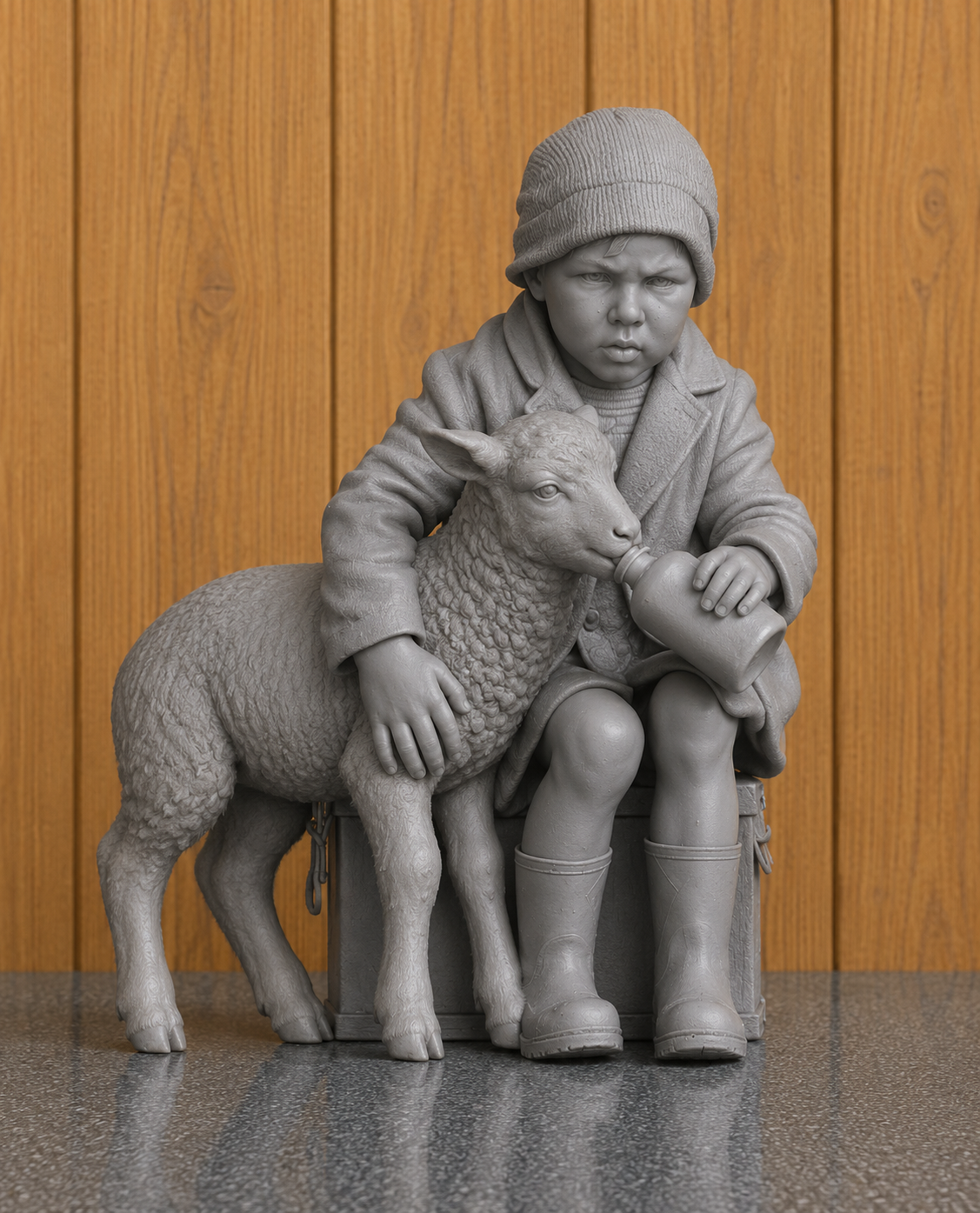 L40 1930s Farm Child Feeding Lamb – Unpainted Scale Model Rural Figure  James Herriot Era