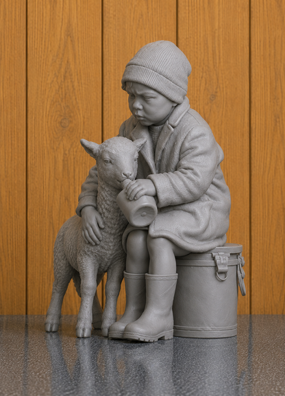 L40 1930s Farm Child Feeding Lamb – Unpainted Scale Model Rural Figure  James Herriot Era