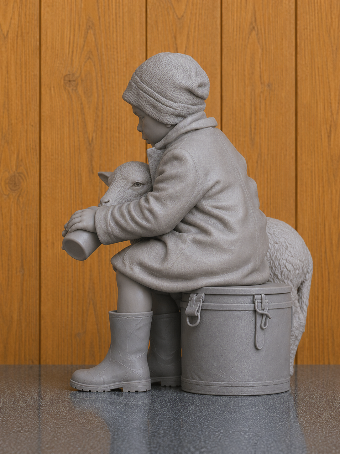 L40 1930s Farm Child Feeding Lamb – Unpainted Scale Model Rural Figure  James Herriot Era
