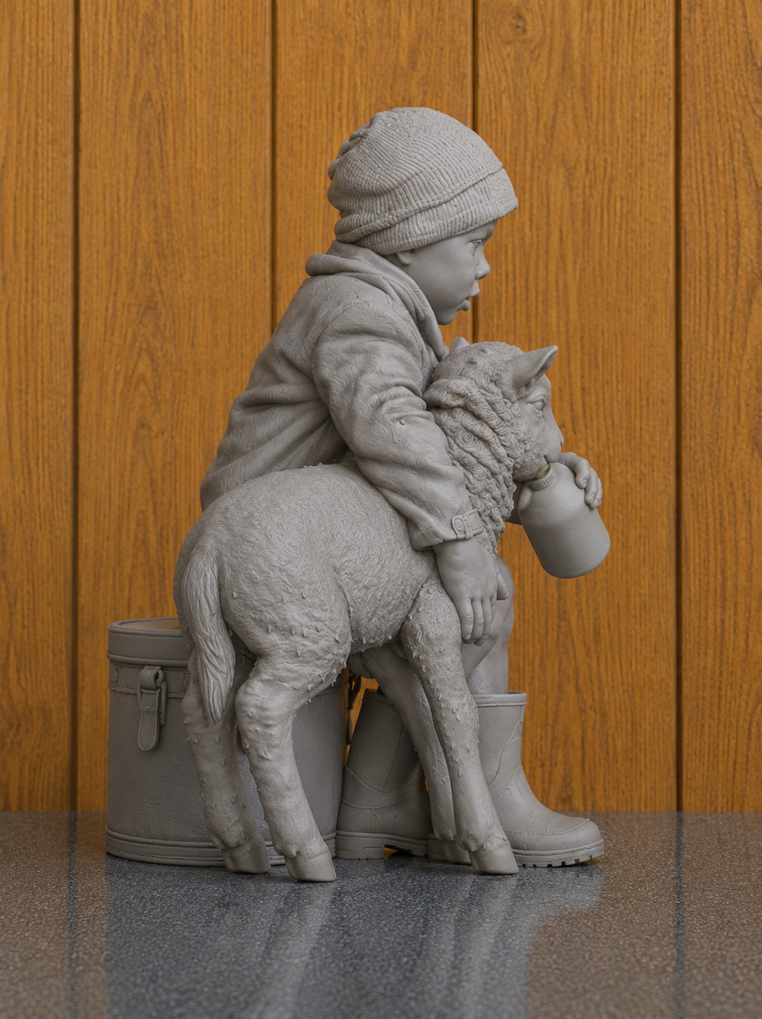 L40 1930s Farm Child Feeding Lamb – Unpainted Scale Model Rural Figure  James Herriot Era