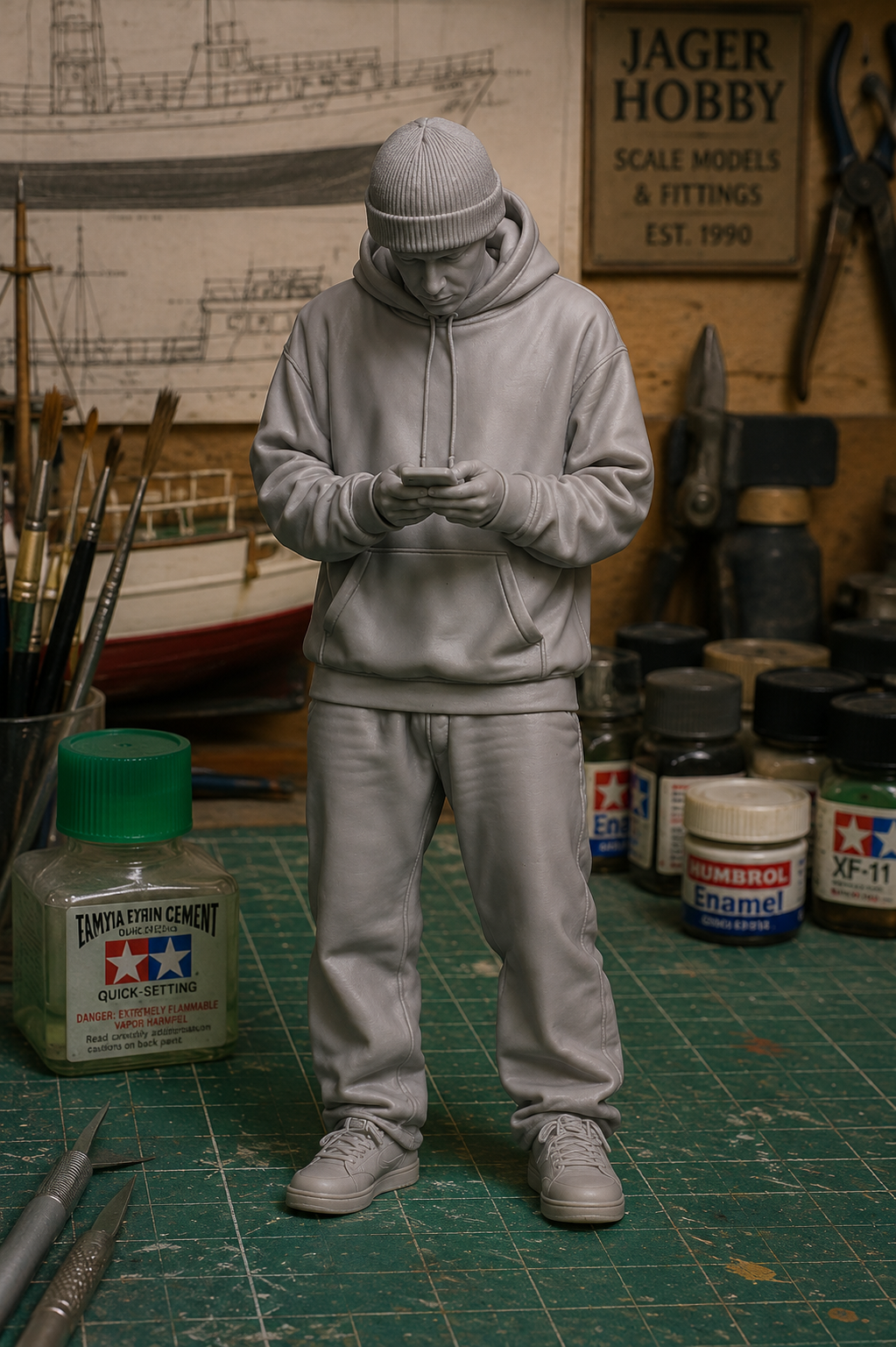 M118 – Unpainted Scale Model Figure – Working Male Looking at Phone